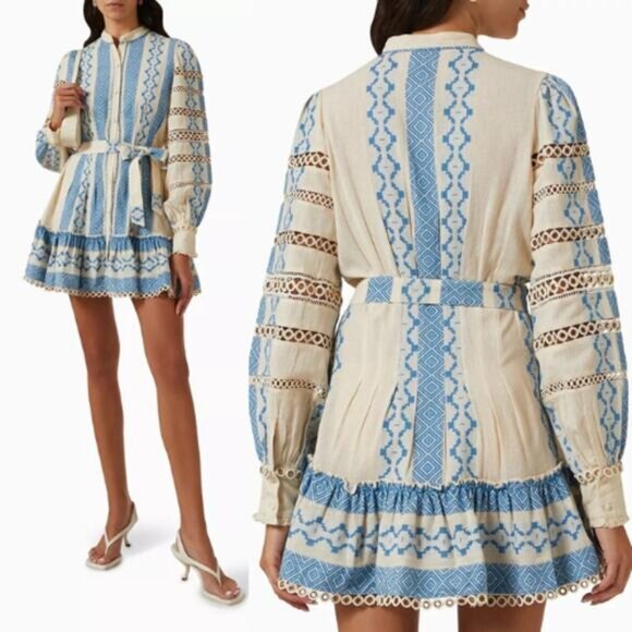 NEW Hemant & Nandita Long Sleeve Tie Waist Pehr Mini Dress Cotton Size: Large - Picture 11 of 12